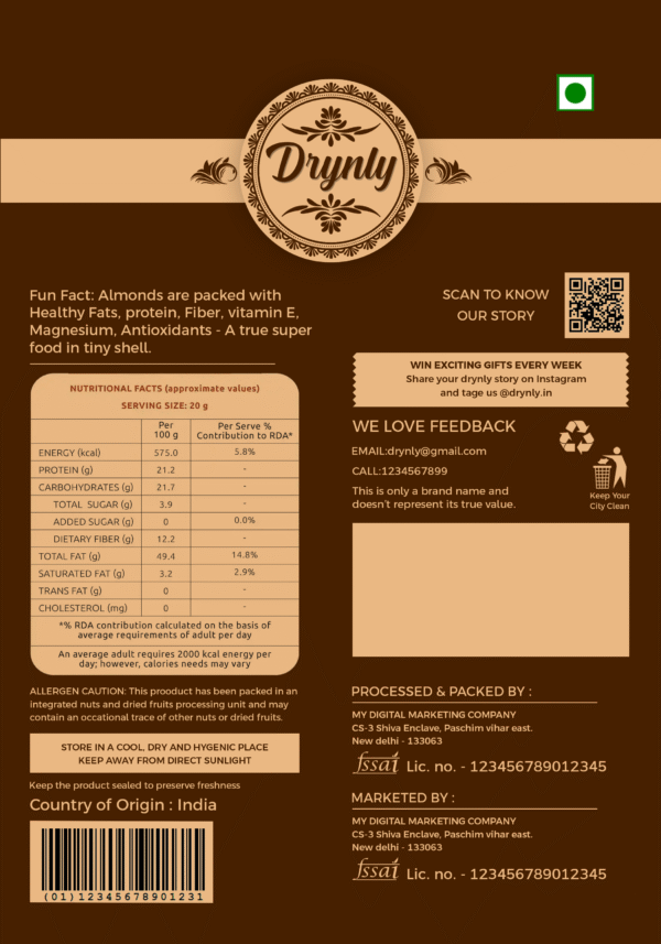 Drynly Premium Nutrition Almonds – 200g | High Protein, Fiber & Vitamin E - Image 2